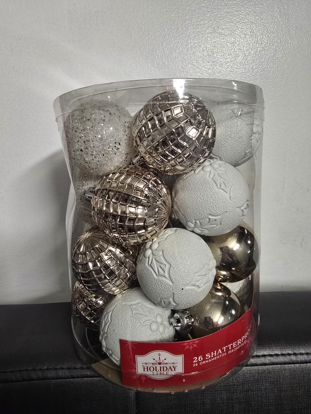 Holiday Time 26 Shatterproof Ornaments Gold Silver White. NEW
